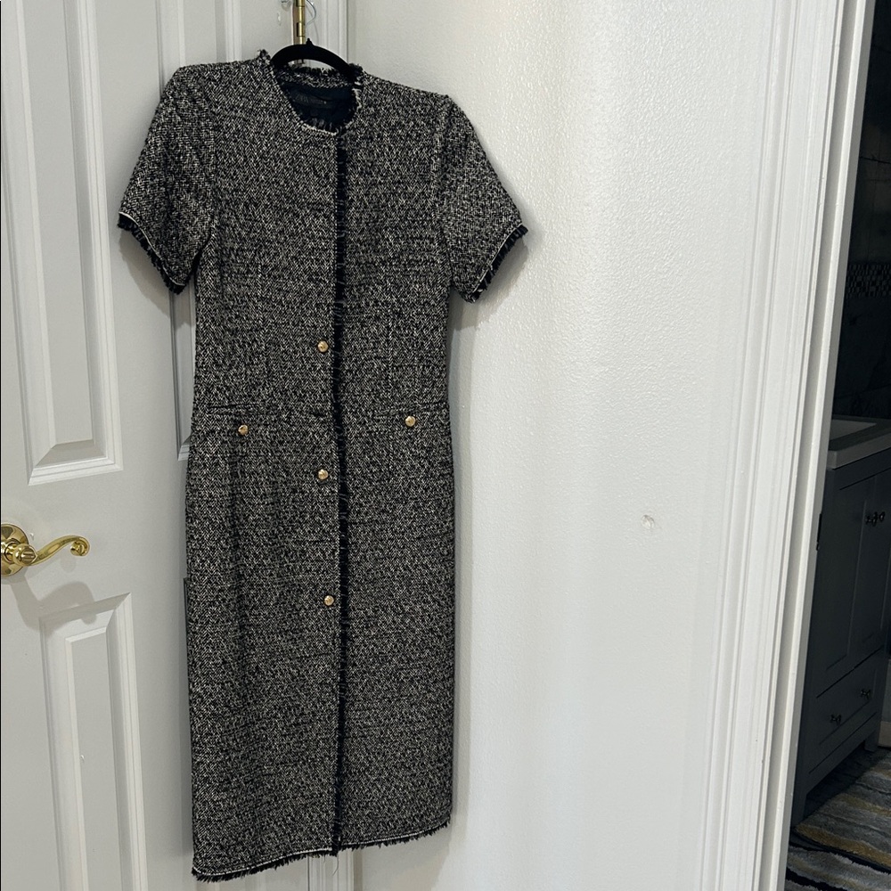 Zara Black and White Tweed Midi Dress with Gold Buttons